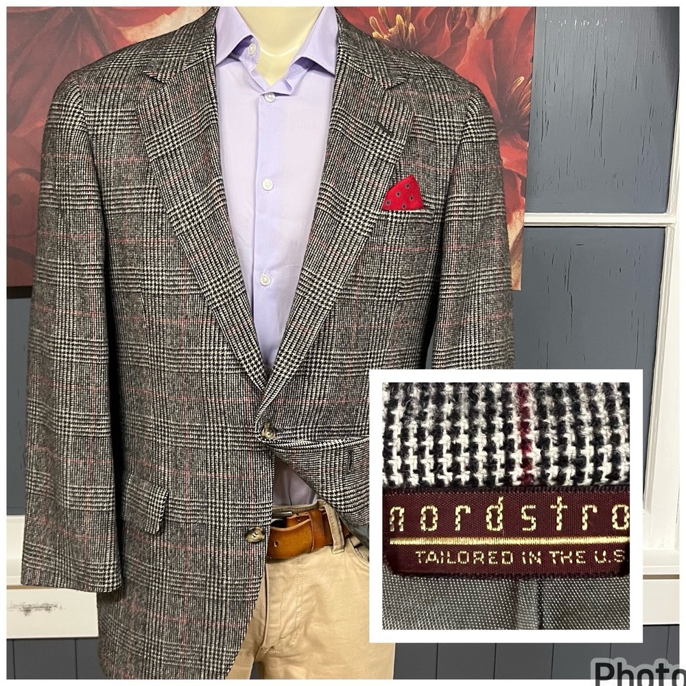 Vintage Nordstrom Camel Hair Blazer Mens 40R Classic Fit Beige/Black/Red Plaid